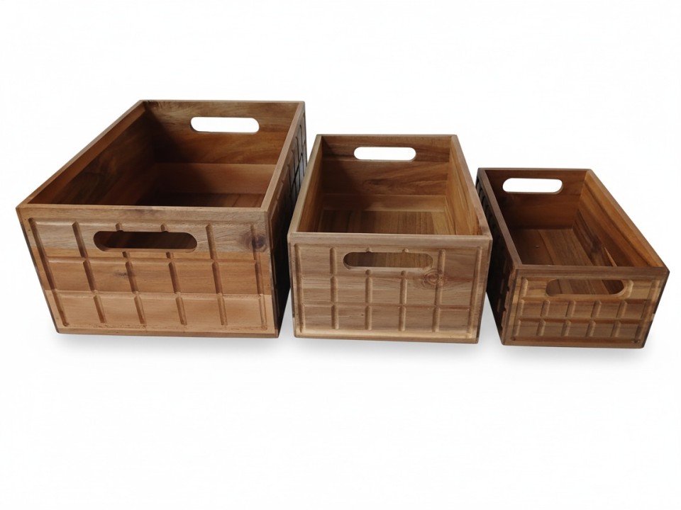 Checked Acacia Wood Storage Bins with Integrated Handles - Versatile Home & Office Organizers